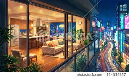 Game background: Modern city tower apartment hotel and night view of main street 134334657