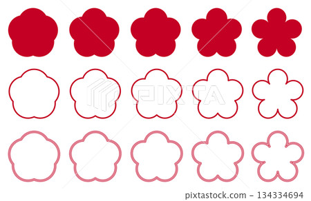 一組梅花插圖，留有文字空間，透明背景，紅白配色。 134334694