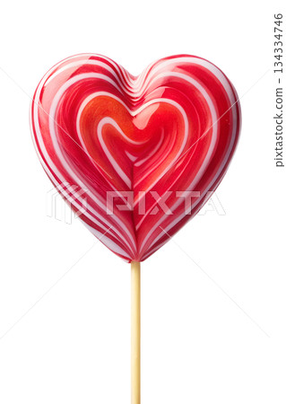 Heart-shaped lollipop with red and white candy swirls, isolated on transparent background. Perfect for valentine's day, sweet treats, or love themes 134334746