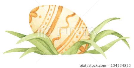 Watercolor easter grass with painted easter egg, spring garden farm style, floral decoration, cute holiday illustration, happy easter celebration, bunny hunt scene. 134334853