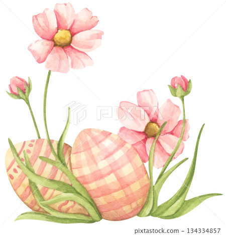 Watercolor easter grass with painted easter egg, spring garden farm style, floral decoration, cute holiday illustration, happy easter celebration, bunny hunt scene. Watercolor easter grass with painted easter egg, spring garden farm style, floral decoration, cute holiday illustration, happy easter celebration, bunny hunt scene. 134334857