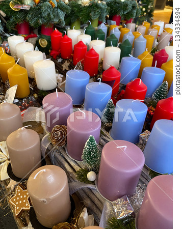 Vertical Close-up of Festive Candles and Ornaments for Holiday Season Decoration. 134334894