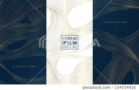 Luxury wave pattern, elegant gold lines, art deco elements. Vector premium abstract background, Japanese flowing water textures. Wine labels, chocolate packaging, gift boxes, menu. 134334916