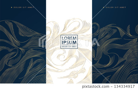Luxury wave pattern, elegant gold lines, art deco elements. Vector premium abstract background, Japanese flowing water textures. Wine labels, chocolate packaging, gift boxes, menu. 134334917
