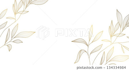 Elegant floral vector background, golden line art leaves, palm branches, delicate botanical patterns, nature, Japanese design. Luxury spa cards, summer wallpapers, wedding templates Elegant floral vector background, golden line art leaves, palm branches, delicate botanical patterns, nature, Japanese design. Luxury spa cards, summer wallpapers, wedding templates 134334984