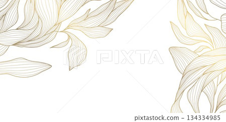 Elegant floral vector background, golden line art leaves, palm branches, delicate botanical patterns, nature, Japanese design. Luxury spa cards, summer wallpapers, wedding templates. Elegant floral vector background, golden line art leaves, palm branches, delicate botanical patterns, nature, Japanese design. Luxury spa cards, summer wallpapers, wedding templates. 134334985