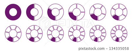 Wheel round purple divided diagrams with one, two, three, four, five, six, seven, eight, nine, ten, eleven, twelve segments. Circle division on 1, 2, 3, 4, 5, 6, 7, 8, 9, 10, 11,12 equal parts Wheel round purple divided diagrams with one, two, three, four, five, six, seven, eight, nine, ten, eleven, twelve segments. Circle division on 1, 2, 3, 4, 5, 6, 7, 8, 9, 10, 11,12 equal parts 134335058