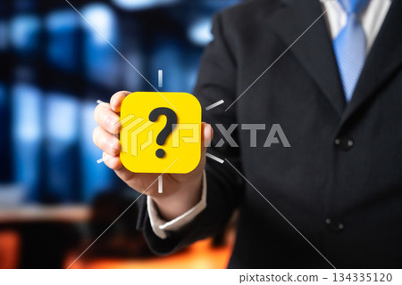 Businessman and the question mark. A survey of entrepreneurs. Business sentiment, uncertainty. Market research, startup, economic confidence analysis and innovation planning. Businessman and the question mark. A survey of entrepreneurs. Business sentiment, uncertainty. Market research, startup, economic confidence analysis and innovation planning. 134335120