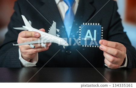 Implementation of AI in aviation and flight management. Airplane and AI microchip. Modern aviation technology integrates artificial intelligence to optimize flight routes, enhance safety Implementation of AI in aviation and flight management. Airplane and AI microchip. Modern aviation technology integrates artificial intelligence to optimize flight routes, enhance safety 134335161