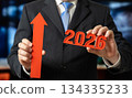 Growth drivers for 2026. Businessman with an upward arrow and the year 2026 written on it. Trends and news for the new year. Strategic optimism, forecasting and expansion planning define future growth 134335233