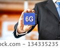 Businessman holding a new 6G microchip. Internet of Things. An innovative communication standard. Ultra fast connectivity and network evolution. Telecom, IoT infrastructure development 134335235