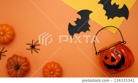 Spooky festive atmosphere. Halloween decoration pumpkins bats ghosts Spooky festive atmosphere. Halloween decoration pumpkins bats ghosts 134335341