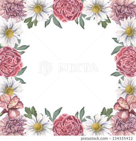 Square frame, peonies, carnations, chrysanthemums, alstroemerias, leaves. Hand-painted watercolor illustration isolated on white for invitations, branding, packaging, stationery, design projects Square frame, peonies, carnations, chrysanthemums, alstroemerias, leaves. Hand-painted watercolor illustration isolated on white for invitations, branding, packaging, stationery, design projects 134335412