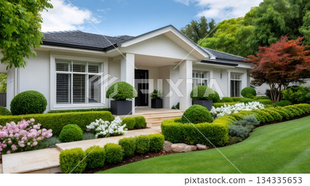 Modern suburban house exterior with landscaped front yard 134335653
