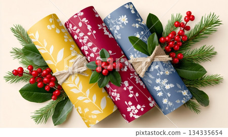 Holiday gift wrapping paper rolls with floral designs and natural decor 134335654