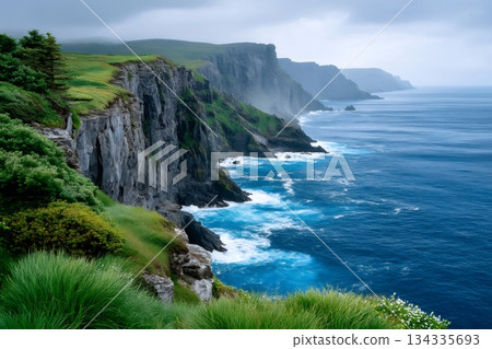 Rugged cliffs along the Atlantic ocean coastline 134335693