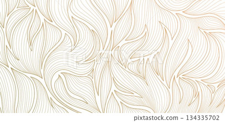 Luxury botanical vector background with golden palm leaves, floral line art, elegant tropical pattern, modern Art Deco design. Summer wallpaper, spa card, wedding template. 134335702