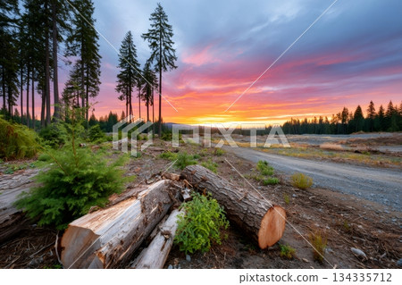 Logging devastation altering a forest landscape at sunset 134335712
