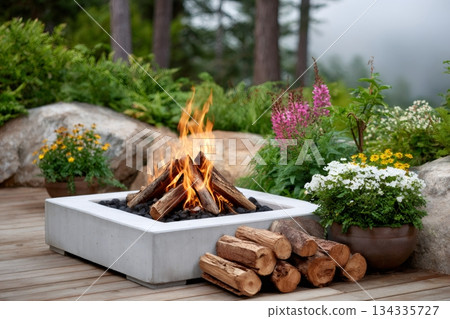 Modern fire pit on a wooden deck heating outdoor living space 134335727