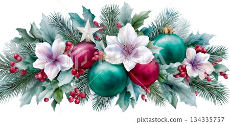 Christmas watercolor garland with festive ornaments and flowers 134335757