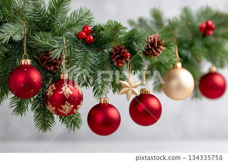 Christmas tree branch decorating with red gold ornaments 134335758
