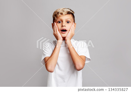 Surprised boy with hands on face looking at camera, emotional shocked child expressing amazement and astonishment on gray background, studio portrait of kid reacting with wide eyes and open mouth Surprised boy with hands on face looking at camera, emotional shocked child expressing amazement and astonishment on gray background, studio portrait of kid reacting with wide eyes and open mouth 134335827