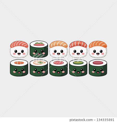 Cute sushi rolls with happy faces on a white background 134335891