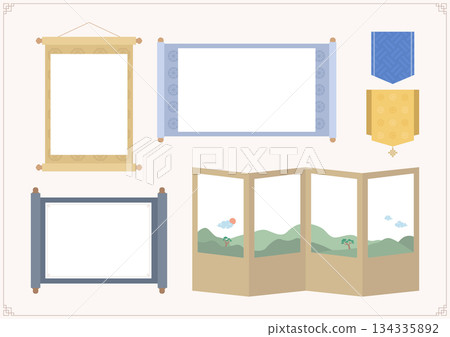 Vector illustrations of traditional Korean scrolls and folding screens. Vector illustrations of traditional Korean scrolls and folding screens. 134335892