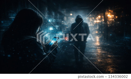 Image of a woman operating a smartphone and a suspicious person appearing on a night street 134336002