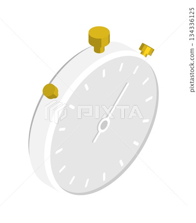 Isometric sports stopwatch with mechanical buttons and a second hand on the dial. Isolated cartoon vector on white back top view 134336125
