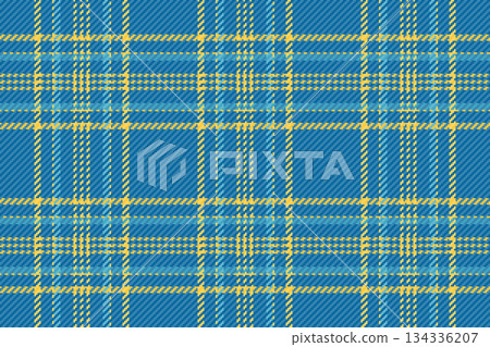 Manufacturing plaid seamless background, drawing fabric texture pattern. Calm tartan check textile vector in cyan and amber colors. Manufacturing plaid seamless background, drawing fabric texture pattern. Calm tartan check textile vector in cyan and amber colors. 134336207