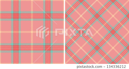 Elegant tartan design with a pink backdrop, turquoise accents, and subtle yellow lines. This seamless plaid pattern offers versatility for various textile, design, and seasonal projects. 134336212
