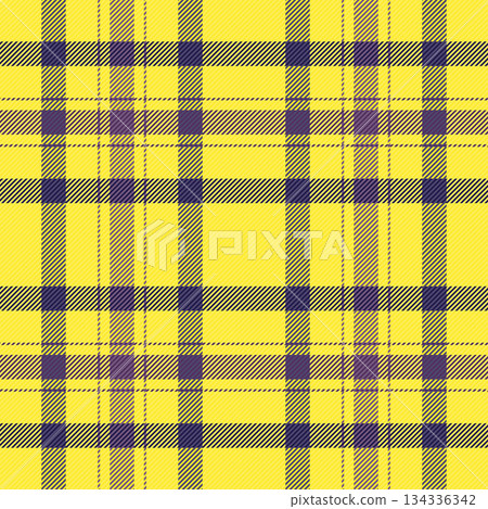 Vibrant plaid pattern with intersecting lines in sunny yellow and deep purple. Ideal for backgrounds, textiles, fashion, and design projects. Versatile, classic texture. Vibrant plaid pattern with intersecting lines in sunny yellow and deep purple. Ideal for backgrounds, textiles, fashion, and design projects. Versatile, classic texture. 134336342
