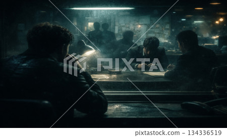 Image of a silent interrogation taking place in an interrogation room Image of a silent interrogation taking place in an interrogation room 134336519