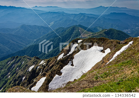 從谷川山眺望白雪皚皚的西黑嶺以及甲海岳和赤城岳的山脈。 134336542