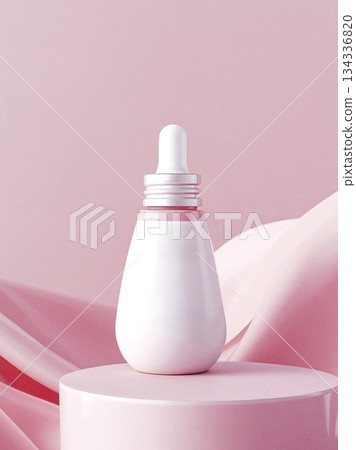 Blank white cosmetic dropper bottle mockup on pink podium with silk fabric background. Empty skincare serum packaging display stand for beauty product branding design. 134336820