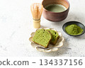 Matcha pound cake cut and arranged 134337156