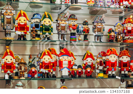 Traditional Christmas souvenir nutcrackers sold on Christmas market Traditional Christmas souvenir nutcrackers sold on Christmas market 134337188