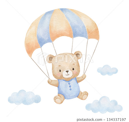 Watercolour cute baby bear with parachute, clouds for boy birthday cards, nursery decor, and children party invitations and poster 134337197