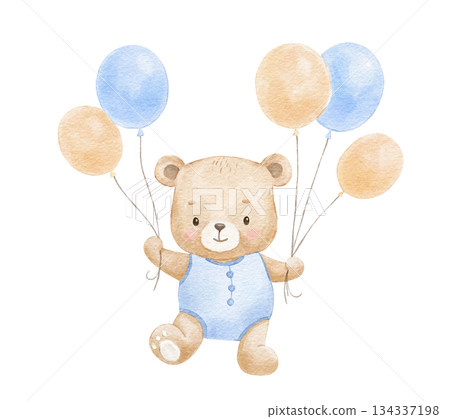 Cute watercolor bear with blue balloons, perfect for baby boy birthday cards, nursery decor, and children's party invitations 134337198