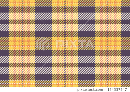 Vibrant, seamless tartan pattern. Features warm yellow, orange, and purple hues. Ideal for backgrounds, textiles, and autumnal designs. Adds rustic charm. 134337347