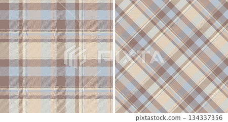 Classic tartan pattern showcasing two different arrangements. Soft blues, browns,  creams create a comforting, timeless feel. Ideal for fashion, interiors,  graphic design projects. 134337356