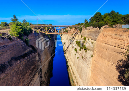 The Corinth Canal is a canal that connects the Gulf of Corinth with the Saronic Gulf in the Aegean Sea in Greece 134337589