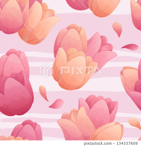 Seamless pattern with delicate tulip buds on a pink striped background. The concept of a holiday, spring, women's day, Valentine's day. Vector illustration for postcards, posters, banners, printing 134337609