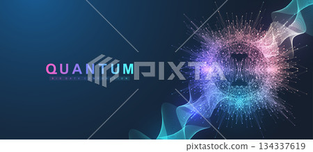 Scientific vector illustration quantum computer technology. Plexus fiction effect. Deep learning artificial intelligence. Big data algorithms visualization. Quantum explosion background. 134337619