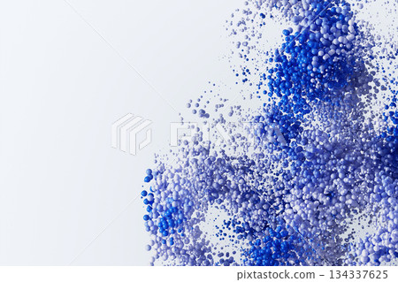 Blue particles explosion, dynamic energy burst effect on white background. Abstract dot spheres pattern. Scattered point globes, flying gradient circle balls. Futuristic 3d shapes. 3D illustration 134337625