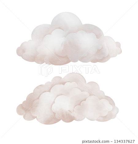 Hand drawn watercolor illustration of the light beige clouds for Baby shower invitations or nursery wall art. Drawing sky perfect for conveying a dreamy, mystical atmosphere for kids greeting cards. Hand drawn watercolor illustration of the light beige clouds for Baby shower invitations or nursery wall art. Drawing sky perfect for conveying a dreamy, mystical atmosphere for kids greeting cards. 134337627