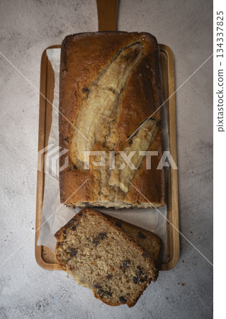 Delicious homemade banana bread sliced and ready to enjoy Delicious homemade banana bread sliced and ready to enjoy 134337825