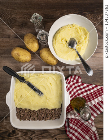 Hachis parmentier, french dish with mashed potato and minced beef 134337863