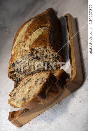 Delicious homemade banana bread sliced and ready to enjoy 134337895